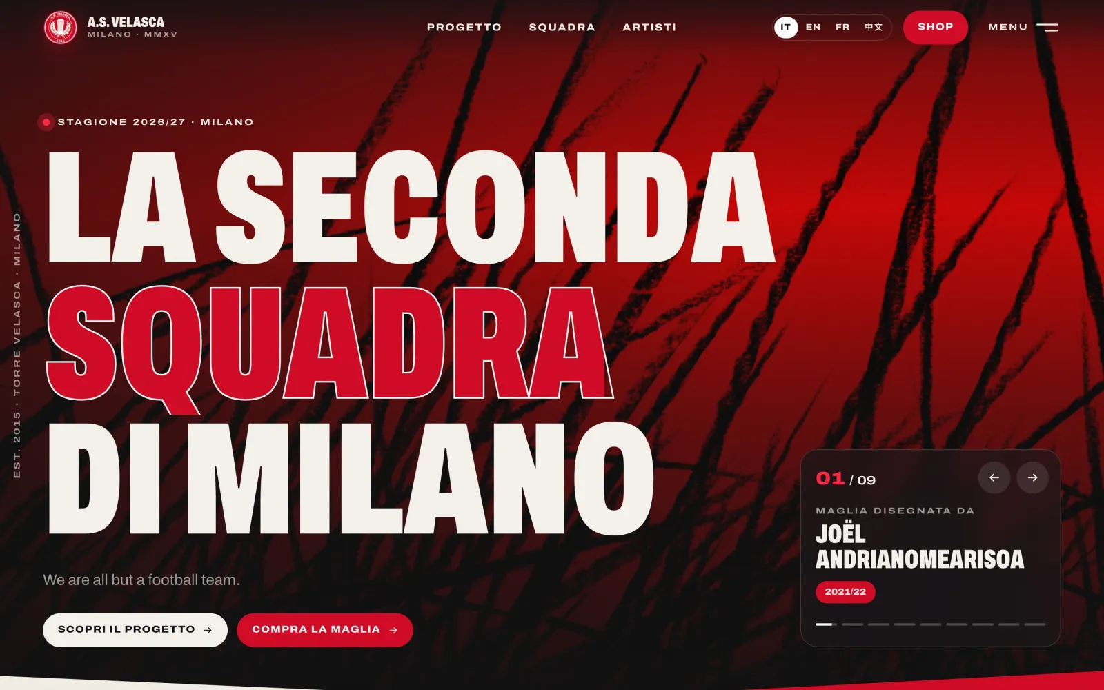 Nouvelle page d’accueil : le titre « La seconda squadra di Milano » en grandes capitales sur le maillot en plein écran.