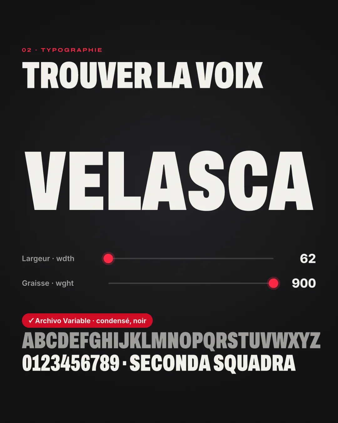 Le mot « Velasca » en Archivo, largeur 62 et graisse 900, avec le spécimen de l’alphabet.