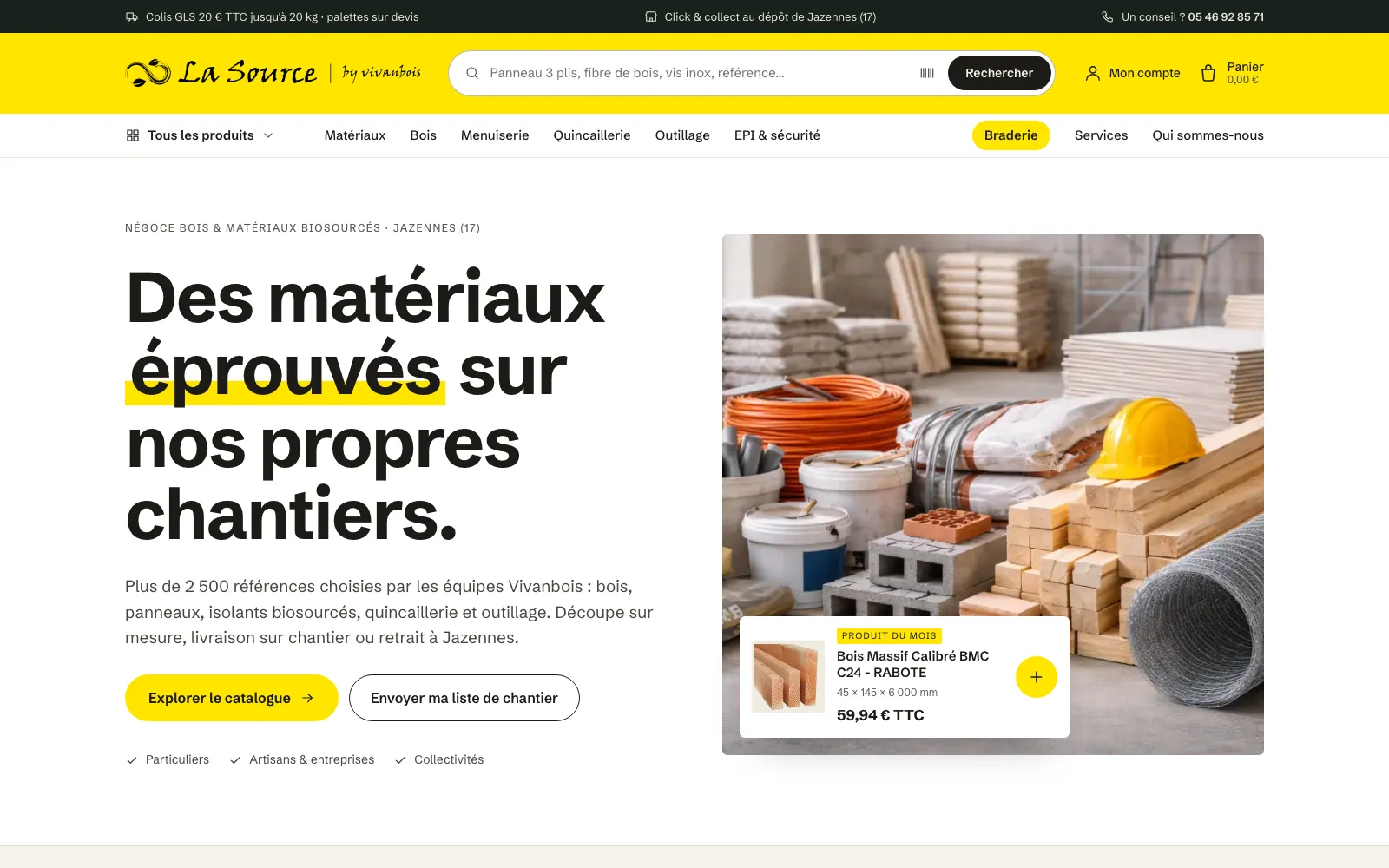Accueil de La Source : le titre « Des matériaux éprouvés sur nos propres chantiers », une photo de matériaux et la carte du produit du mois.