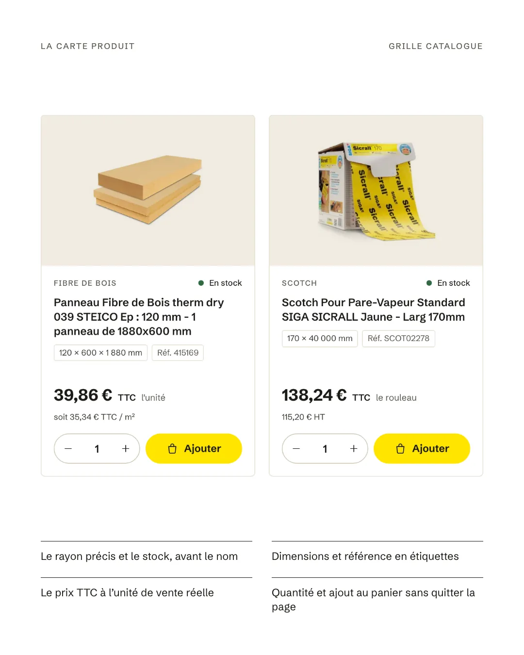 Deux cartes produits : la photo sur fond bois clair, le rayon et le stock, le nom, les dimensions et la référence en étiquettes, le prix TTC à l’unité de vente, la quantité et le bouton Ajouter jaune.
