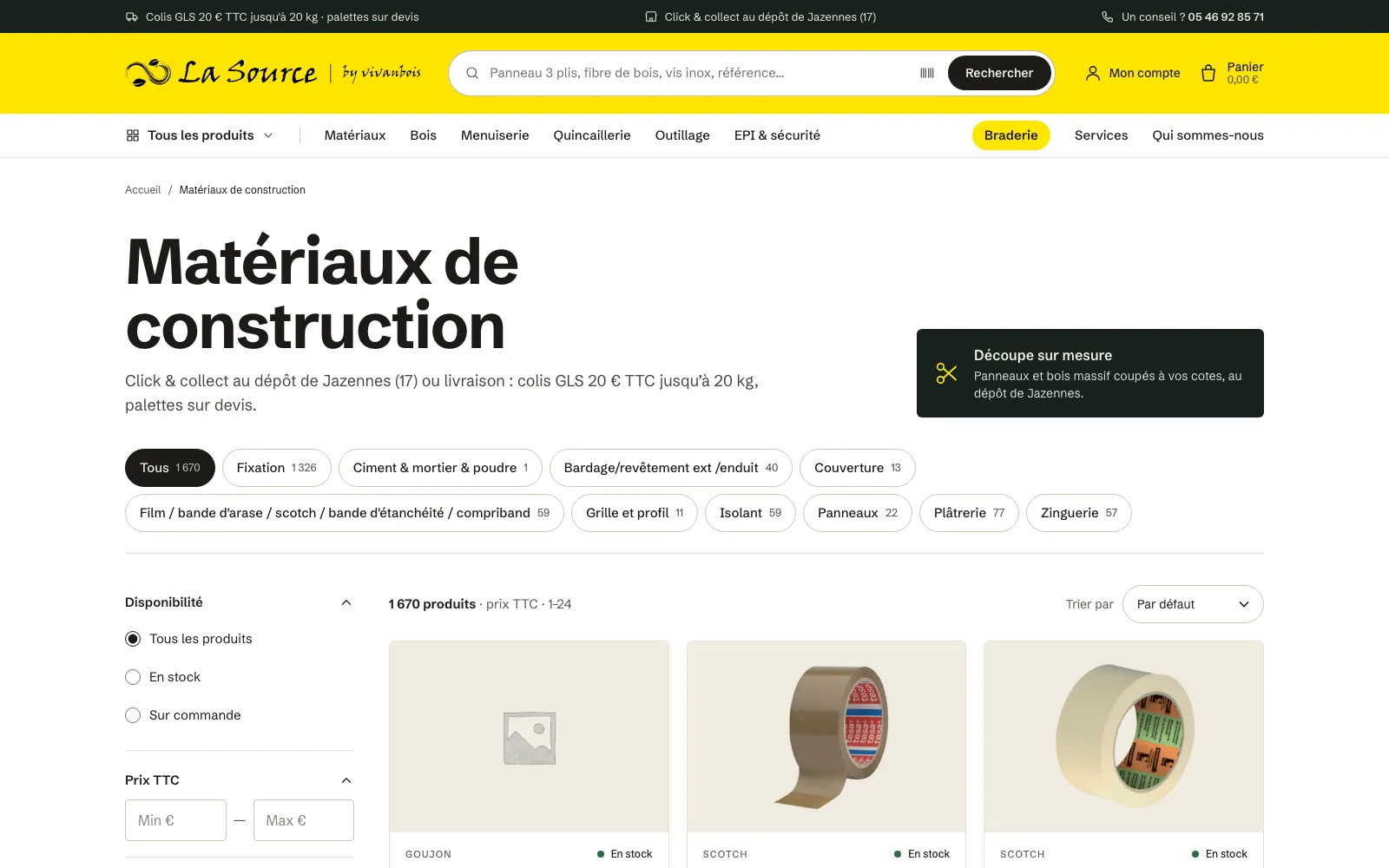 Le rayon Matériaux de construction : le titre, les sous-rayons en pastilles avec leur nombre de produits, les filtres à gauche et la grille de produits.