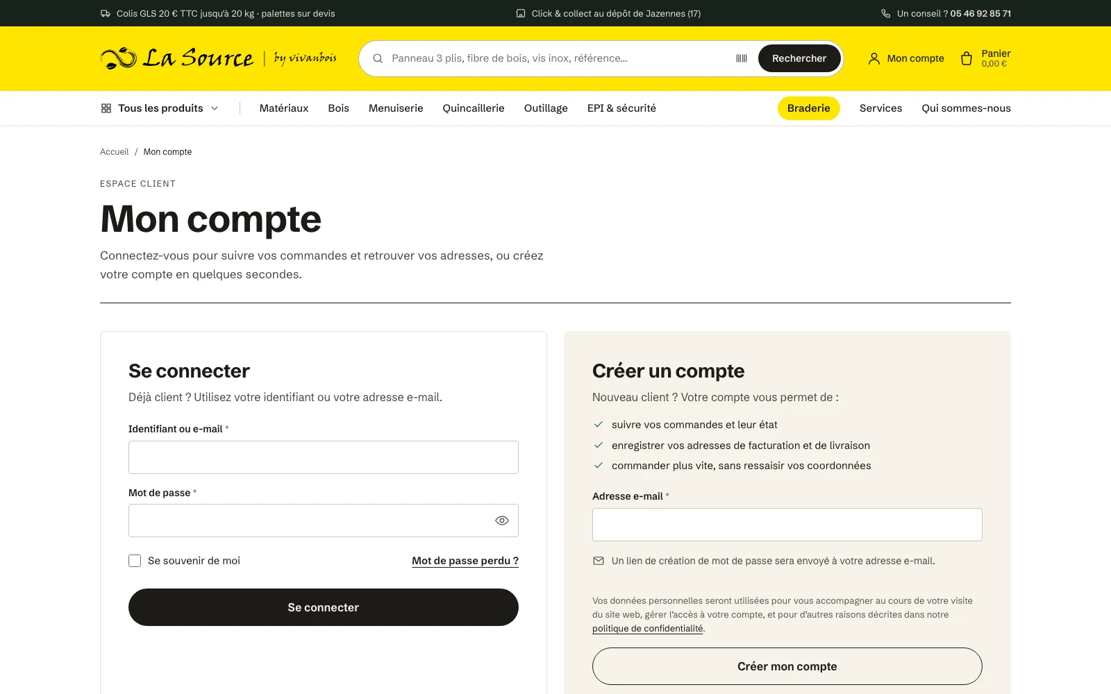 Mon compte : la connexion et la création de compte côte à côte.