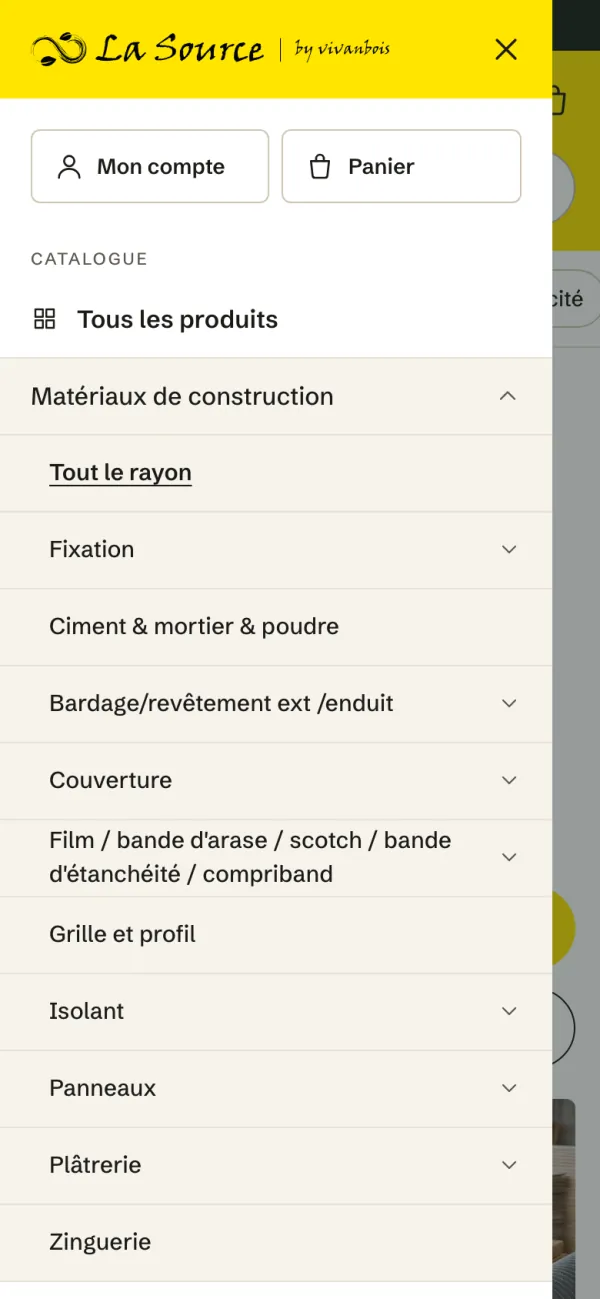 Le menu sur téléphone, avec les rayons dépliés.