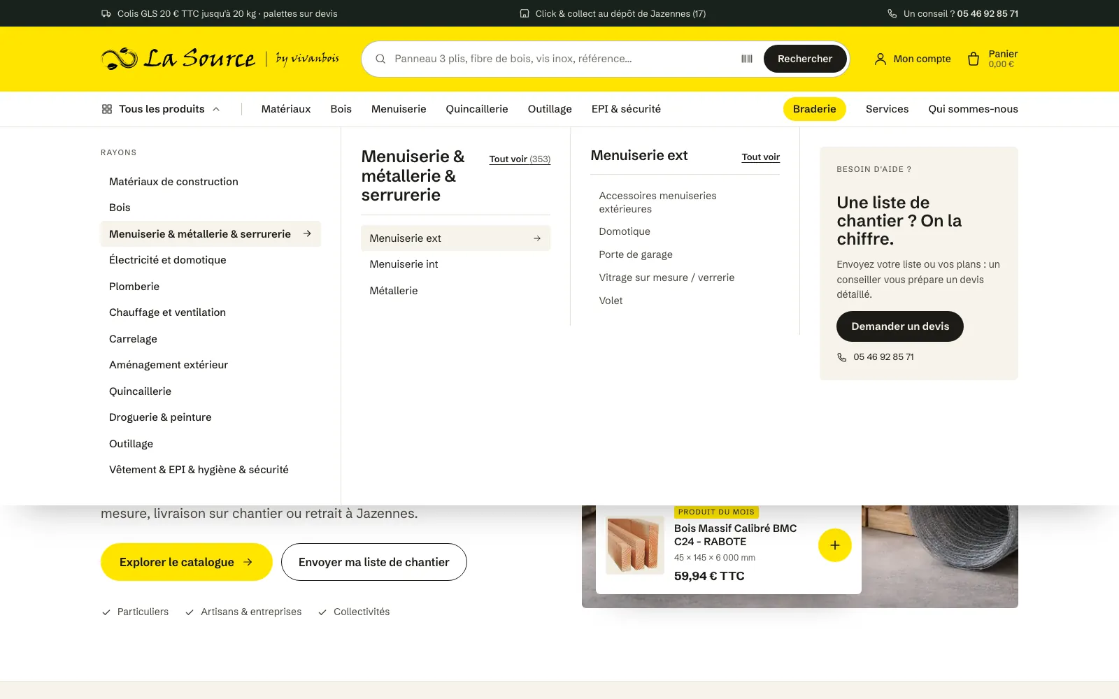 Le méga-menu : les douze rayons à gauche, leurs sous-rayons au centre et un encart pour demander un devis.