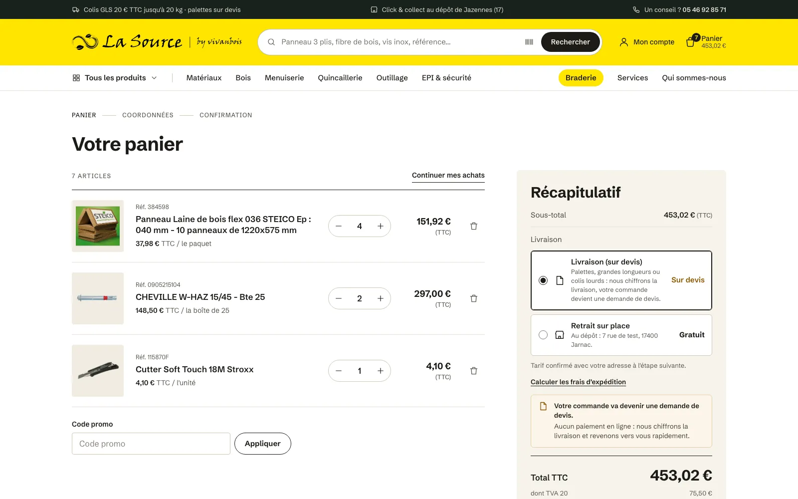 Le panier : les lignes produits avec leur unité de vente, puis un récapitulatif avec le choix entre livraison sur devis et retrait au dépôt.
