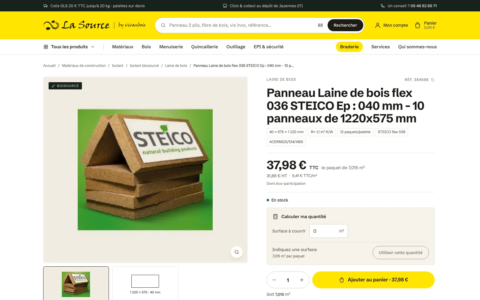 Fiche d’un panneau de laine de bois : la photo, le prix au paquet et au m², le stock, le calculateur de quantité et le bouton jaune d’ajout au panier.