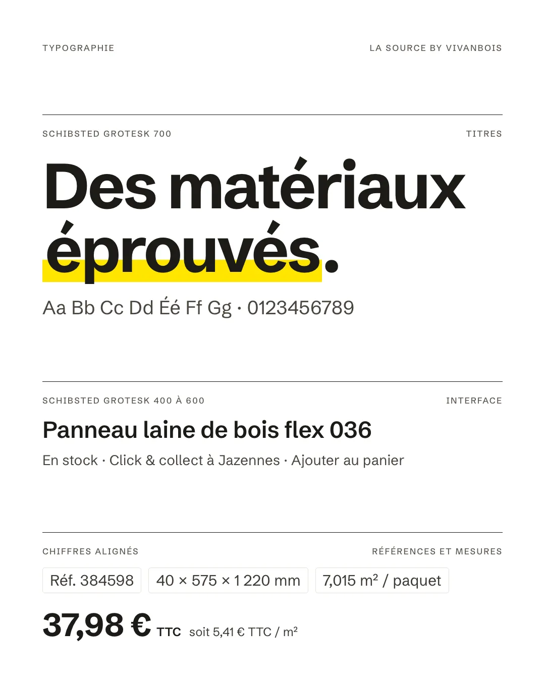 Planche typographique en Schibsted Grotesk : « Des matériaux éprouvés » en gras, un nom de produit, puis une référence, des dimensions et un prix au m² en chiffres alignés.